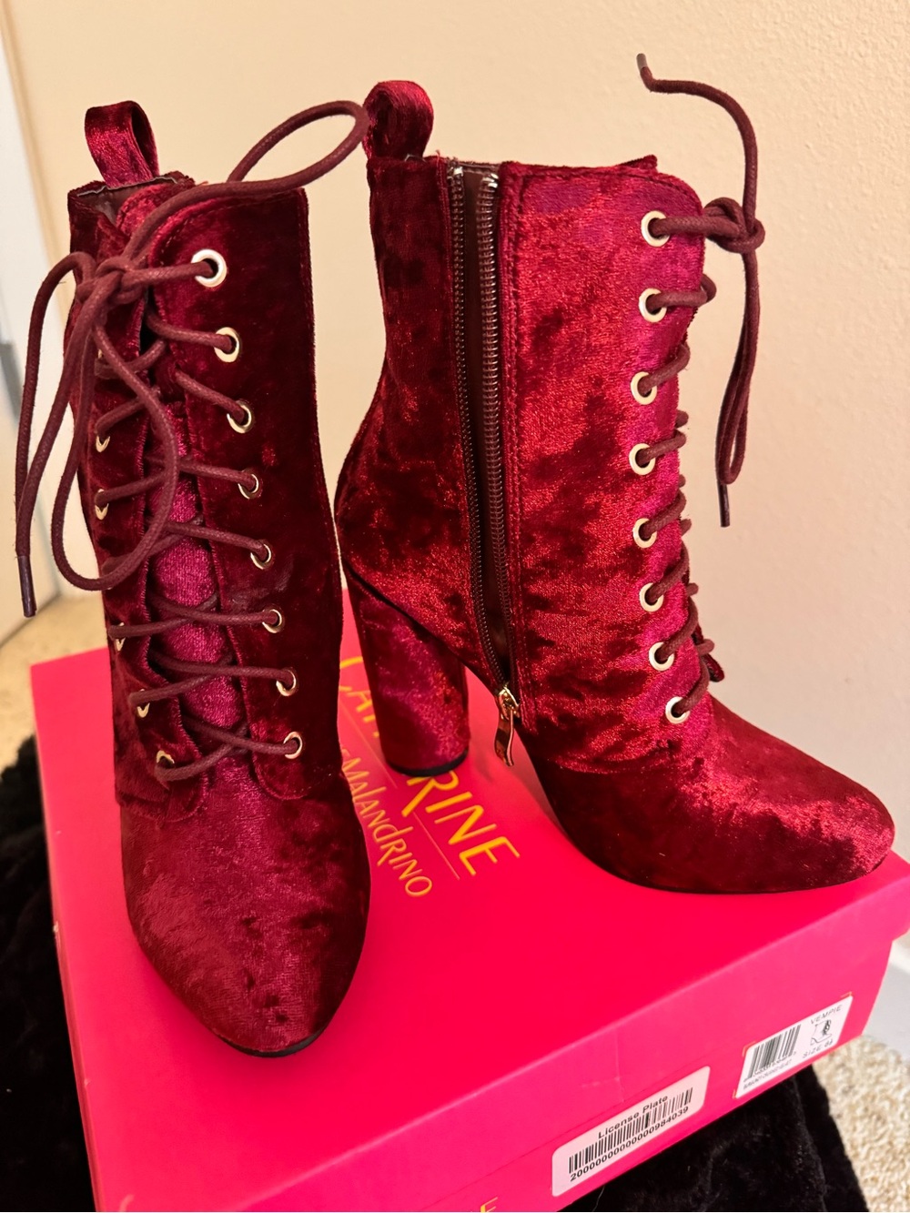Catherine Malandrino Vempie - Burgundy Crushed Velvet Lace-Up Ankle Boots 6.5